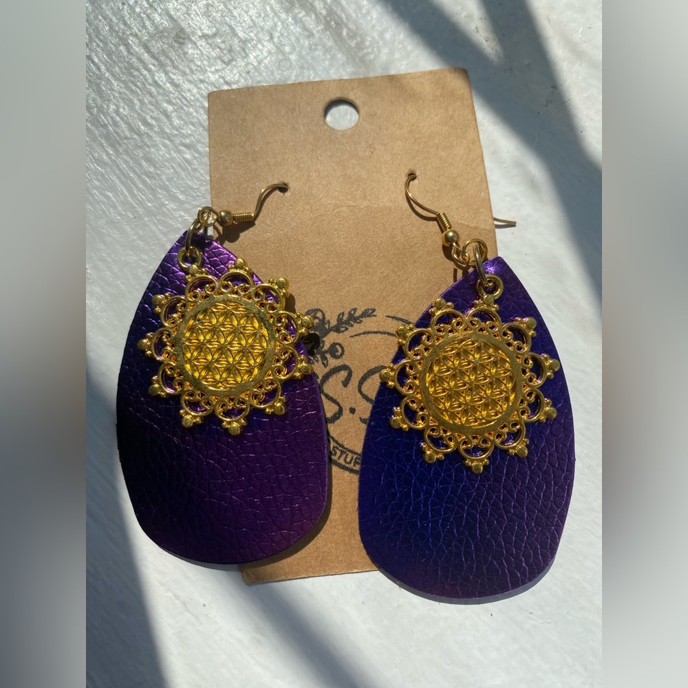Beautiful deep purple and gold big teardrop sun earrings